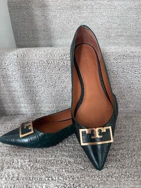 Tory Burch Gigi Forest Green Croc-Embossed Pointed Toe Flats- Gold Logo Plaque